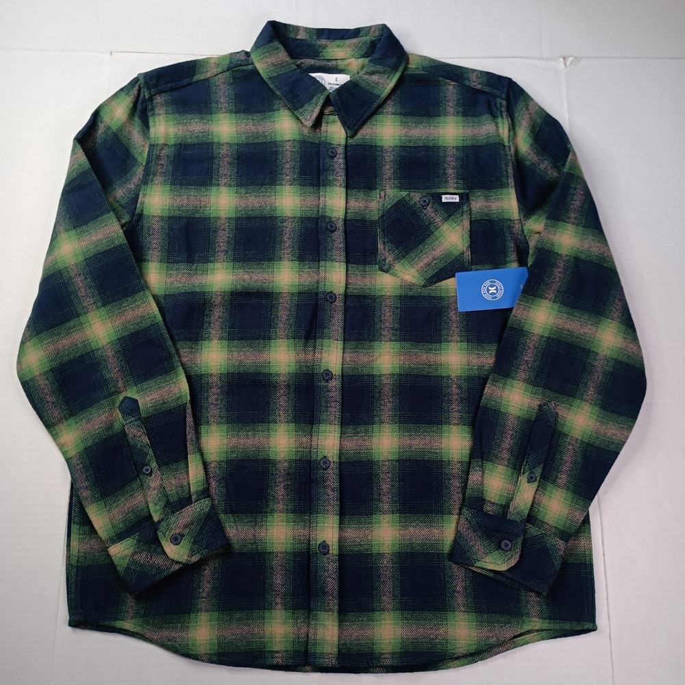 Hurley‎ Flannel Danom Plaid Long Sleeve Button-Up Shirt Men's Size L Green Blue